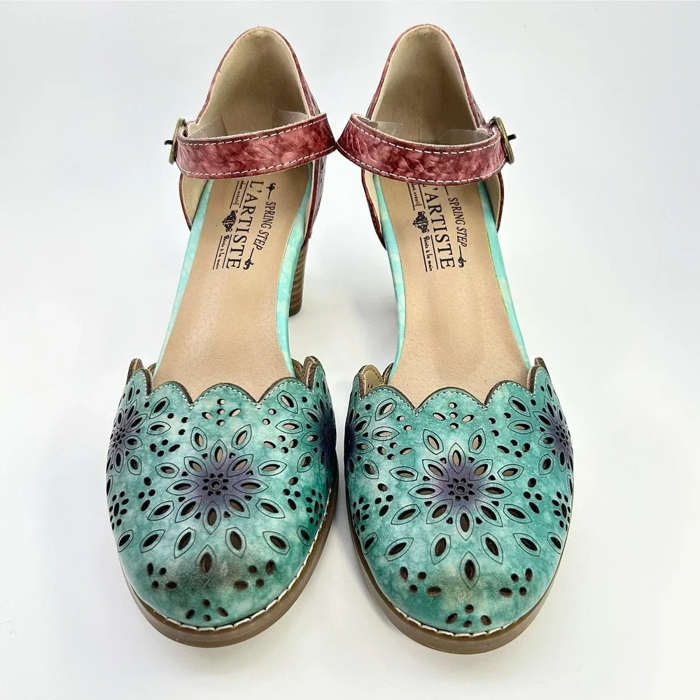 L'Artiste Spring Step Parchetta Blum Blue Multi Leather Heels Shoes 38 US 7.5-8